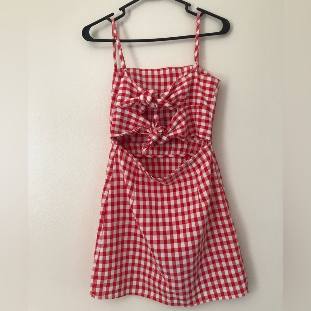 Zaful Red and White Gingham Mini Dress with Double Front Knots